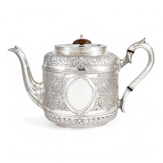 Antique Victorian silver plated three-piece tea set, Rococo Revival and Aestheticism, c. 1880s
