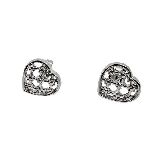 Vintage 9ct white gold openwork heart stud earrings with beaded design
