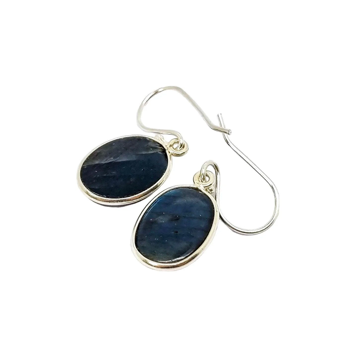 Dark blue labradorite sterling silver large oval drop earrings