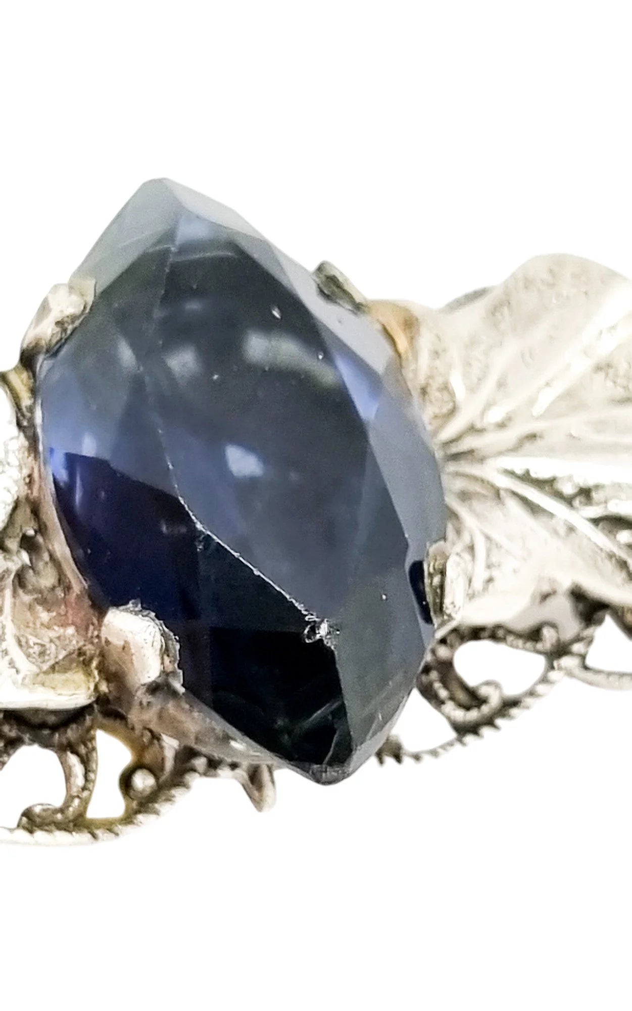 Edwardian Scottish silver blue rhinestone filigree leaf brooch