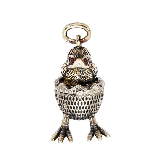 Russian 84 silver gilt egg chick hatching pendant with ruby eyes
