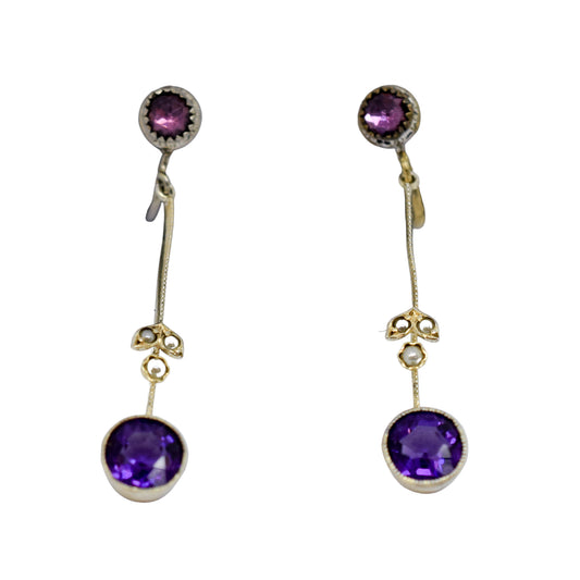 Victorian screw fitting drop earrings with seed pearls and paste amethysts