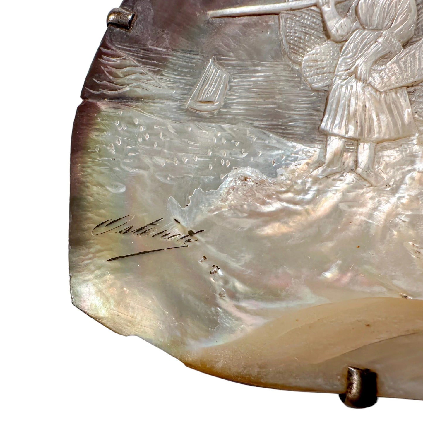 19th-century Flemish mother-of-pearl shell carving of fisherwoman