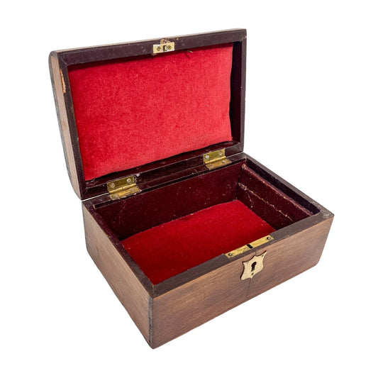Walnut Victorian trinket storage box with inset brass carry handle and key escutcheon