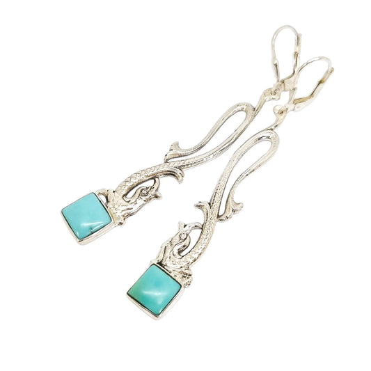 Sterling silver sea serpent dolphin dangle earrings with turquoise