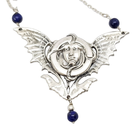 Art Nouveau sterling silver maiden’s face winged pendant necklace, lapis lazuli beads