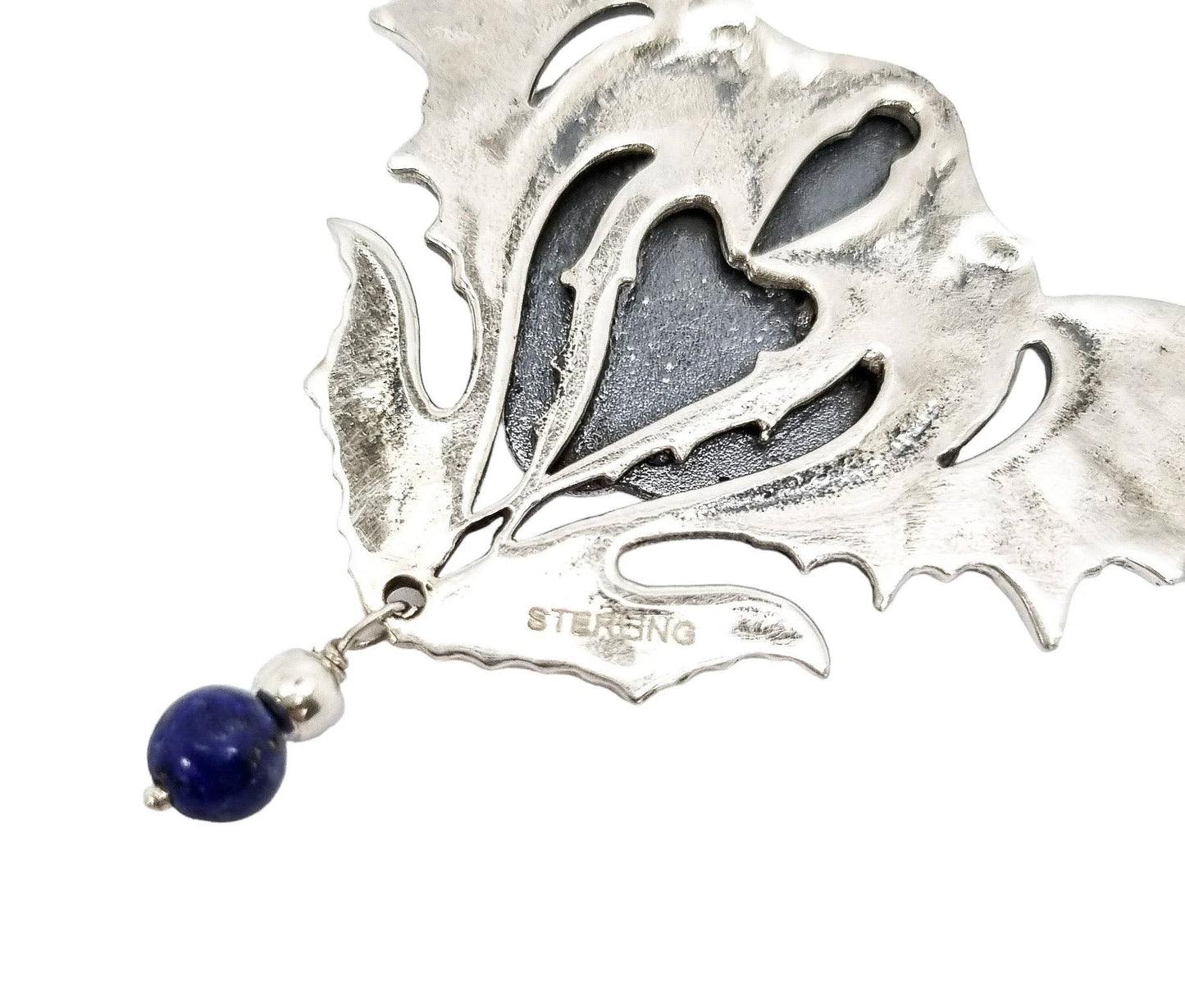 Art Nouveau sterling silver maiden’s face winged pendant necklace, lapis lazuli beads