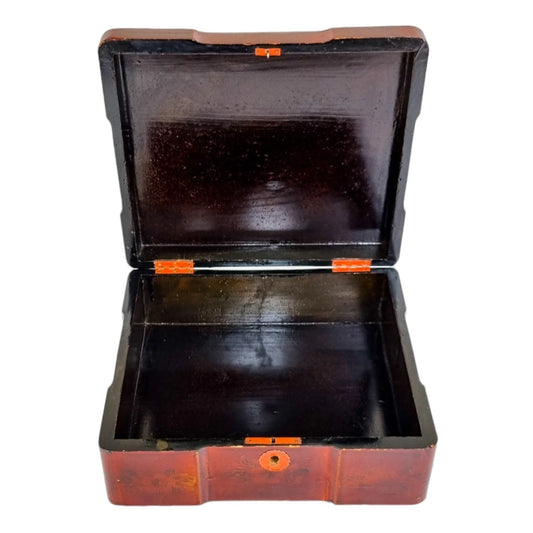 Meiji era Japanese large red lacquerware box maki-e gilded with cranes / storks