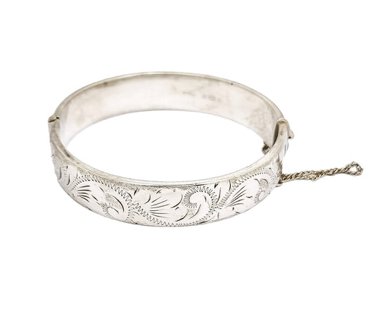 Vintage sterling silver cuff bangle bracelet fully engraved with scrolls and leaves