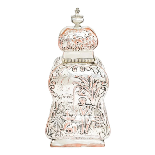 1890's Dutch silver plate tea caddy Rococo embossed flowers, children, scrolls