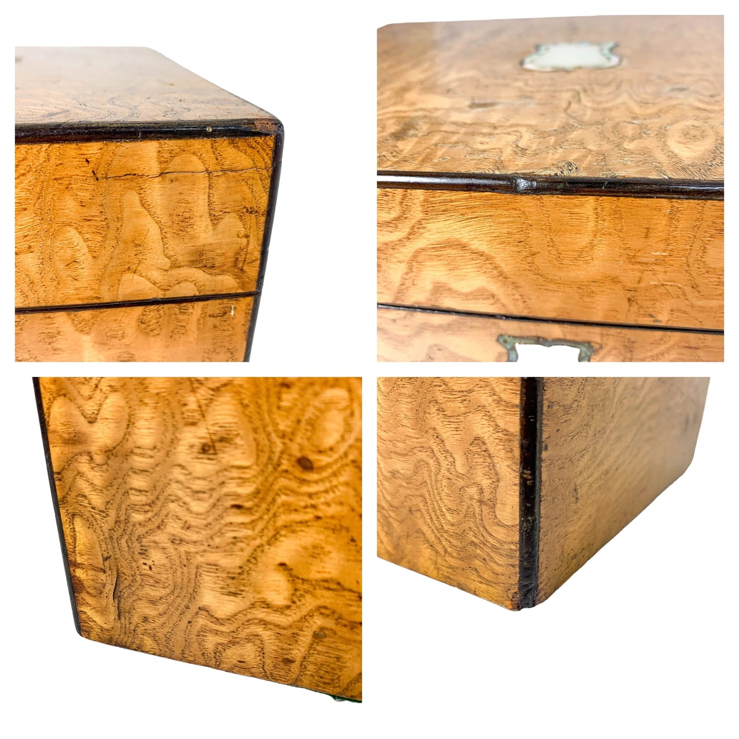 Victorian burr walnut jewellery workbox with lift-out tray and mother of pearl escutcheon