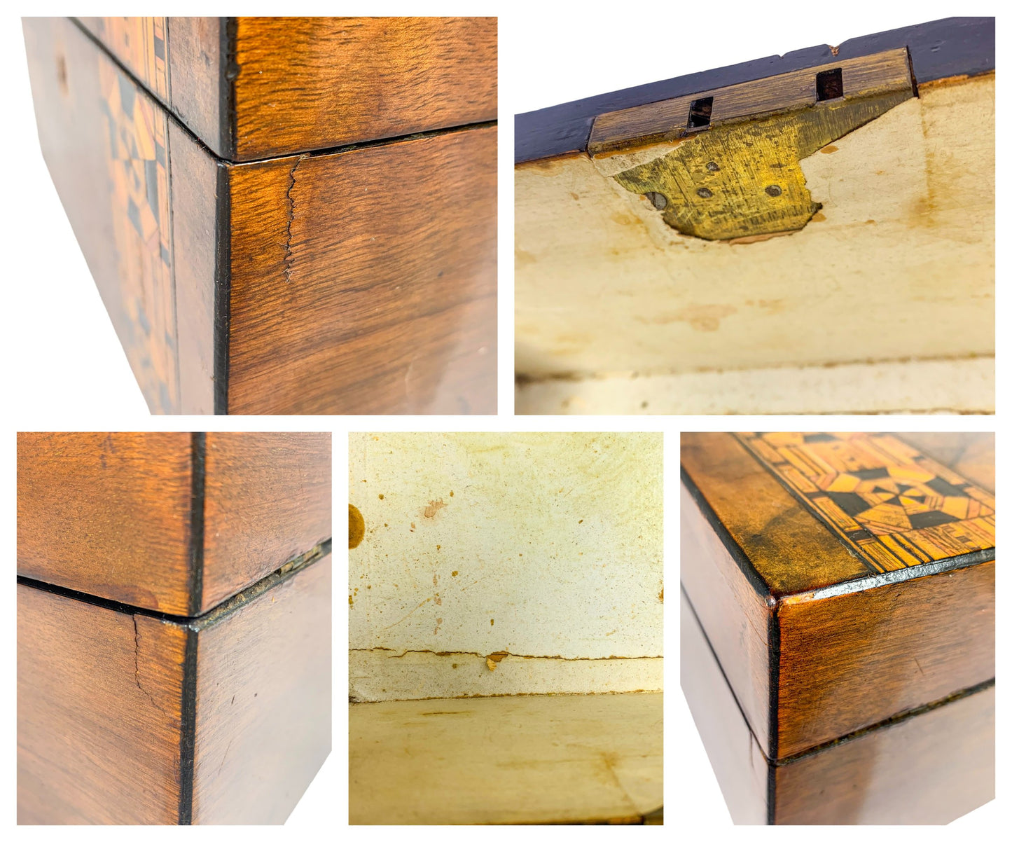 Victorian Tunbridge Ware walnut keepsake box inlaid with marquetry and lined with silk