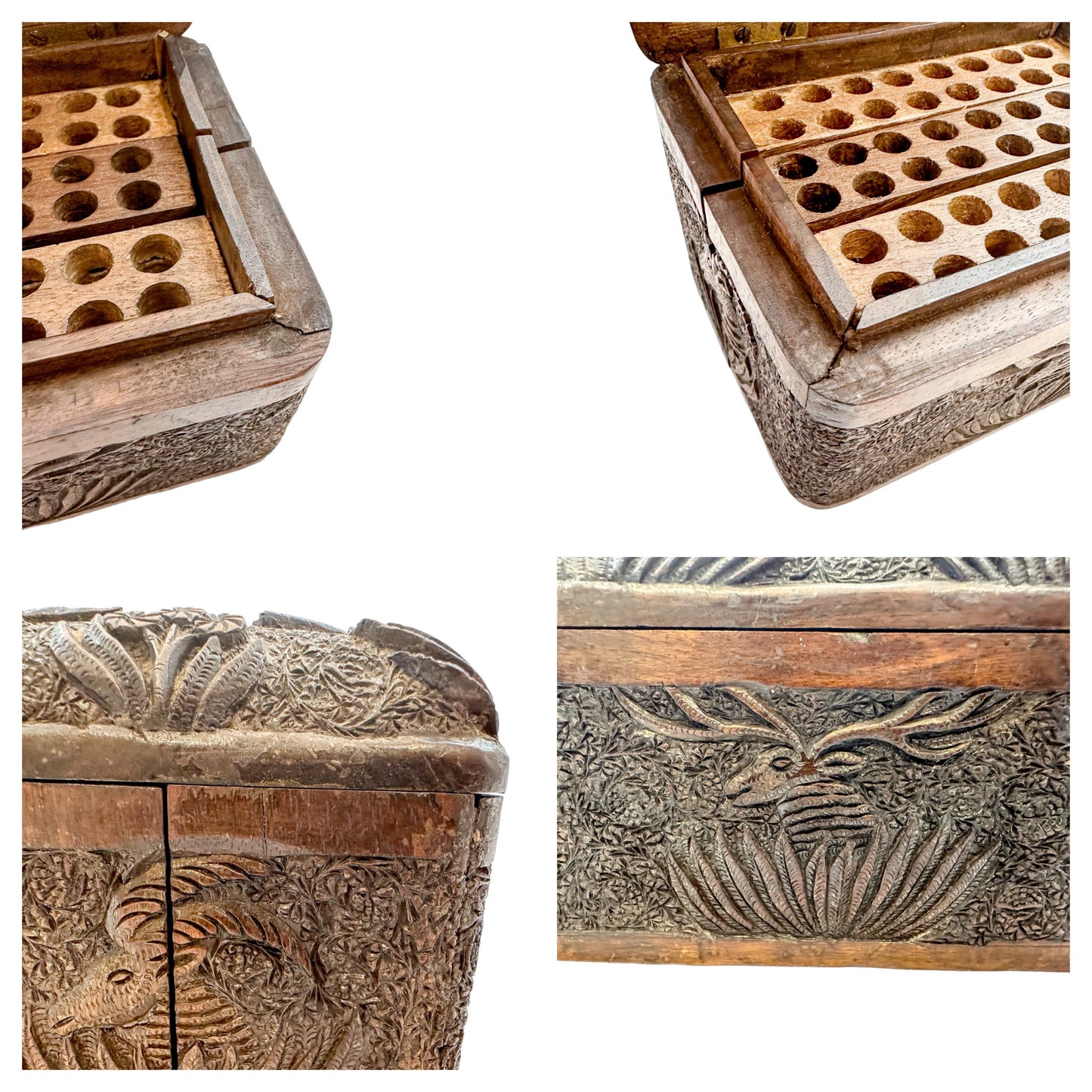 Antique Anglo-Indian carved sandalwood cigarette holder, dispensing box