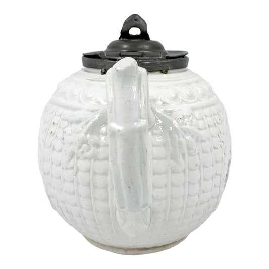 1820's Georgian moulded creamware teapot with black transfer print panels of lady with a birdcage