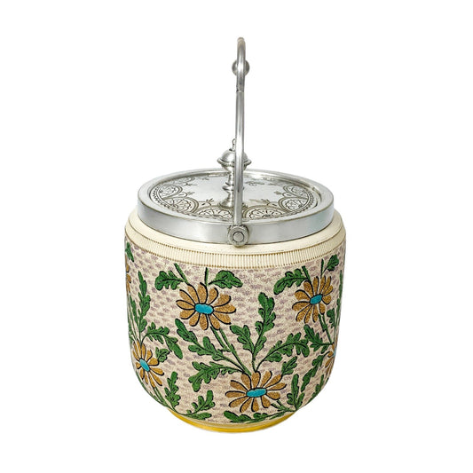 Victorian ceramic biscuit barrel with gold and blue daisies and silver-plated lid