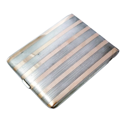 American Art Deco sterling silver cigarette / card case inlaid with 14k yellow gold bands