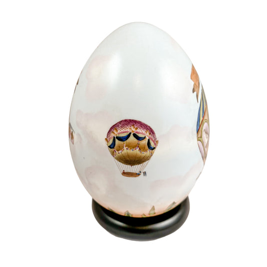 French Sevres style porcelain Easter egg with hot air balloon decoration