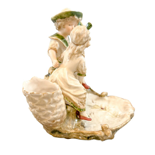 Art Nouveau Ernst Wahliss figural double spill vase centrepiece with boy and girl