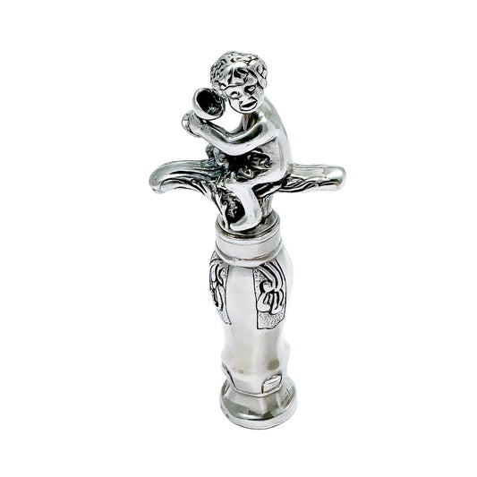 Large Dutch solid silver figural corkscrew of Bacchus / Cupid drinking wine