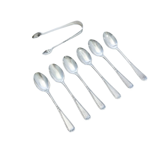 Edwardian cased set of 6 sterling silver tea or coffee spoons with sugar tongs
