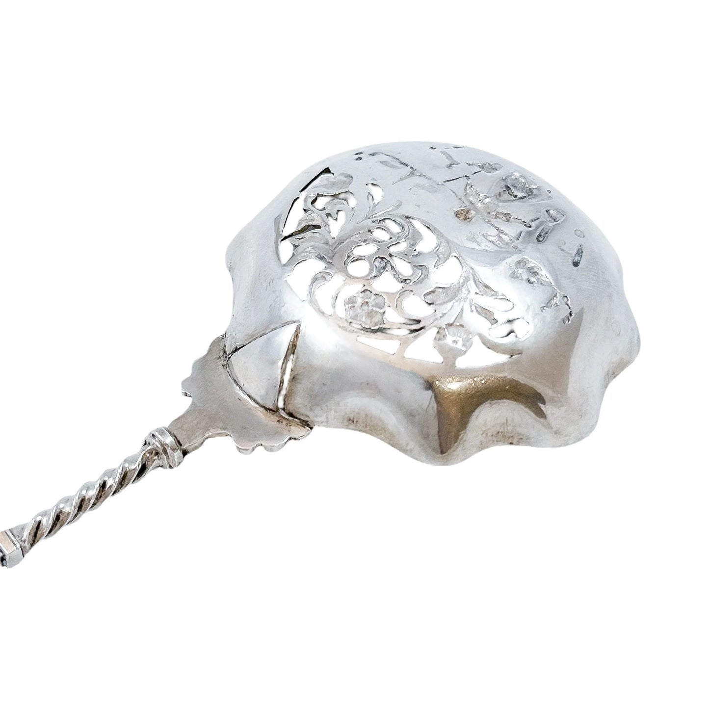 19th century Dutch silver tea strainer spoon with pastoral scene and windmill finial