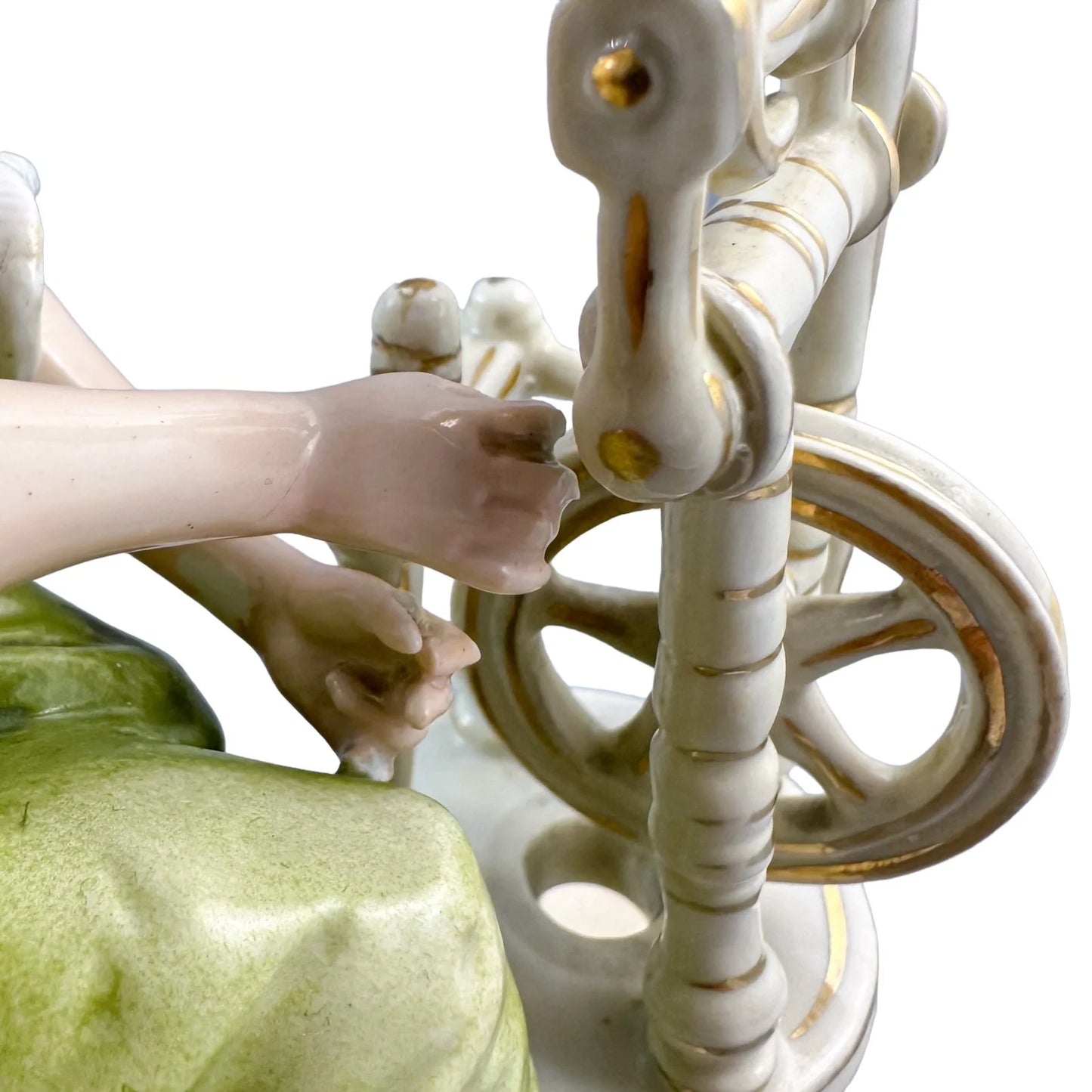 Sitzendorf porcelain figurine, "Woman at Spinning Wheel"