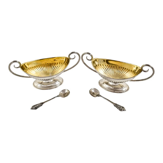 Edwardian set of 2 Neoclassical gilt sterling silver boxed navette salts with spoons