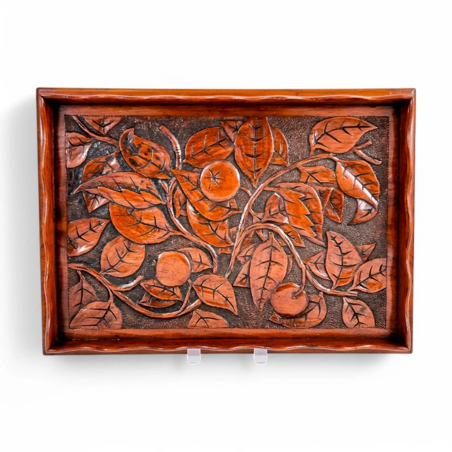 Antique Arts & Crafts mahogany hand-carved serving tray with fruit and leaf decoration, Victorian décor c. 1890s