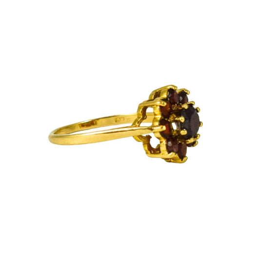 Vintage 9ct yellow gold, round-cut red garnet flower cluster dress ring, size O 1/2
