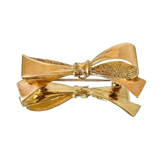 Vintage 1960’s 9ct yellow gold novelty bow ribbon brooch, smooth and textured finish
