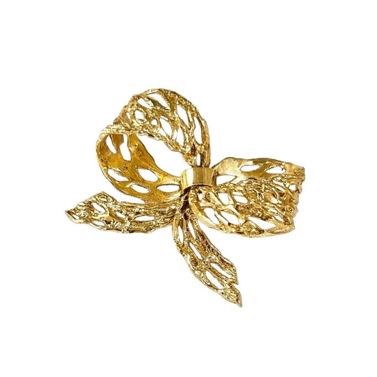 Vintage 9ct yellow gold bow ribbon statement brooch, pierced textured design