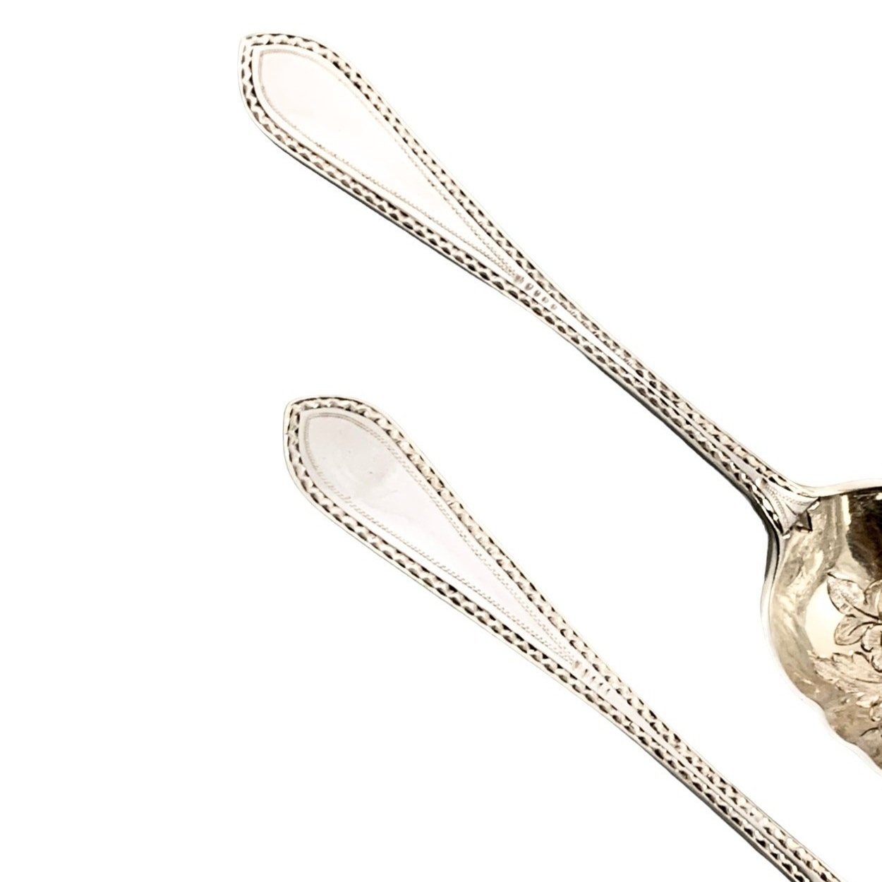 Pair of Victorian gilt silver plated dessert berry spoons with frilled edges
