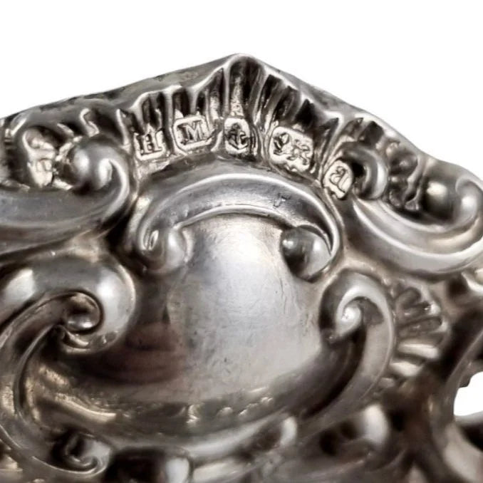 Victorian sterling silver pair of pin trays / trinket dishes heart-shaped embossed with scrolls and flowers, Henry Matthews, 1900