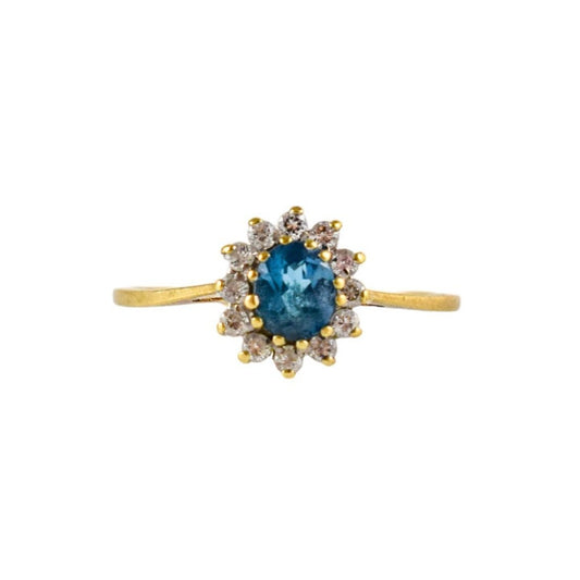 Vintage 9ct yellow gold, blue topaz floral cluster halo ring, size L 1/2