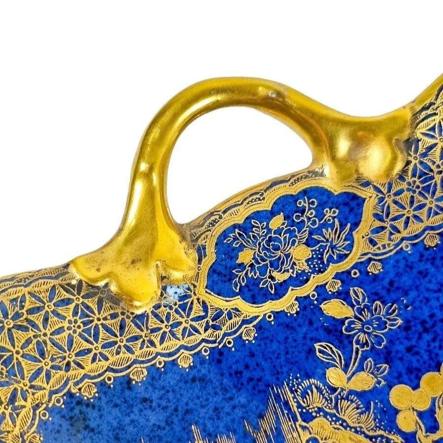 Art Deco Wilton Ware centrepiece two-handled oblong bowl, AG Harley Jones gold and cobalt blue Chinoiserie 5008
