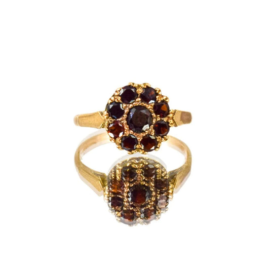 Antique 9ct yellow gold, red garnet daisy floral cluster dress ring, size K