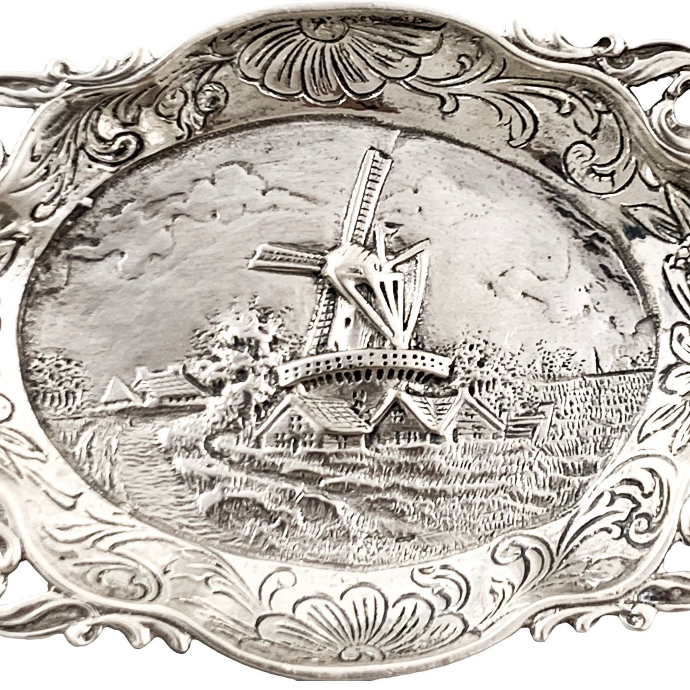 Vintage 1960’s Dutch solid silver 2-slot oval ashtray embossed with windmill landscape
