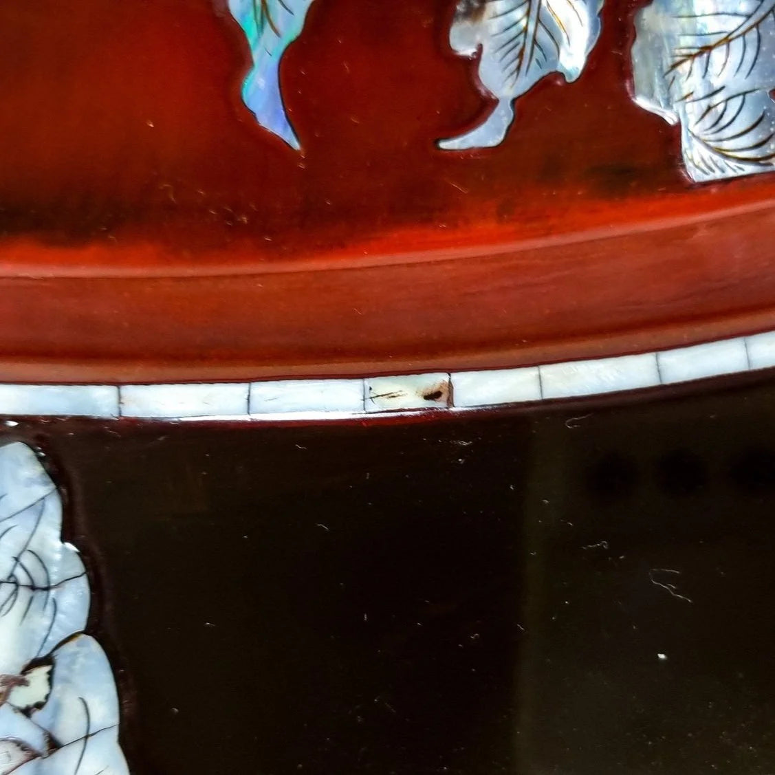Huge vintage Asian lacquerware fluted tray inlaid with mother-of-pearl flowers, dragons, birds and butterflies