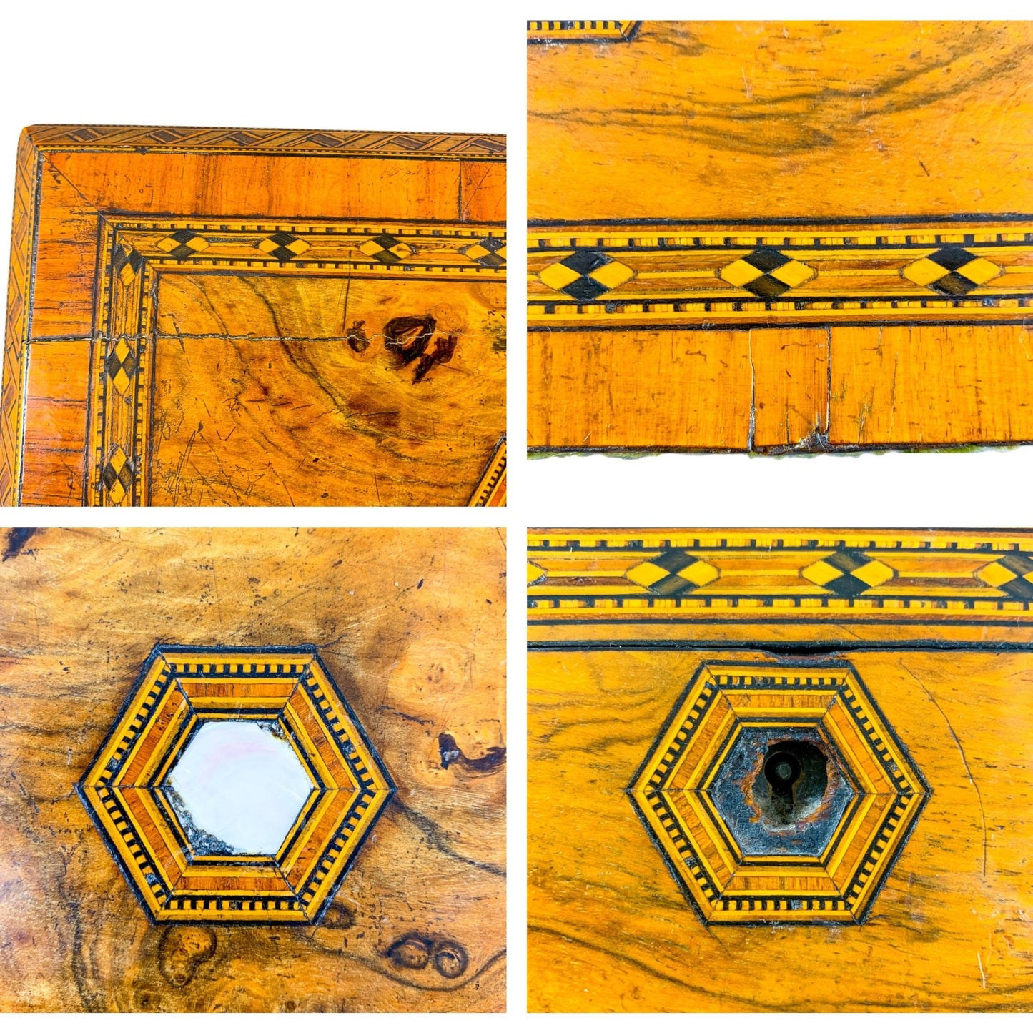 Victorian Tunbridge Ware bevelled casket jewellery box with geometric marquetry