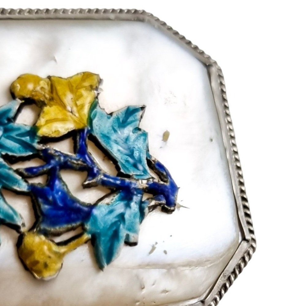 Antique Chinese export silver, enamel and mother-of-pearl large belt buckle, applied chrysanthemum flowers