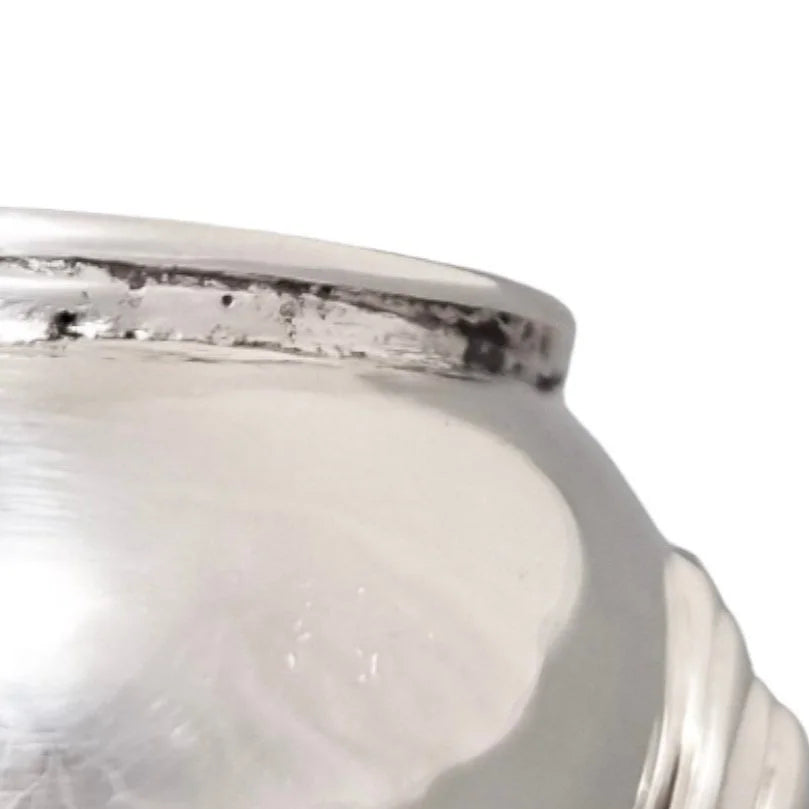 George II sterling silver large tripod salt cauldron on hoof feet, armorial family crest, 1735