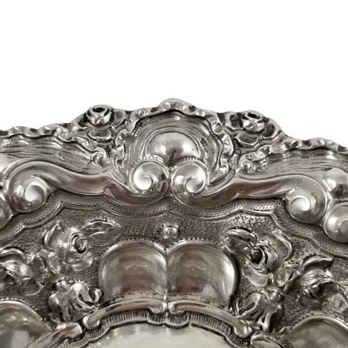 Portuguese 833 silver fruit bowl, eagle mark, scrolls, shells and flowers with Rococo repoussage, Porto