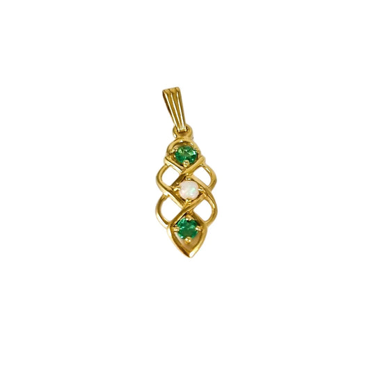 Vintage 9ct yellow gold 3 stone opal emerald twisted open pendant, Celtic knotwork