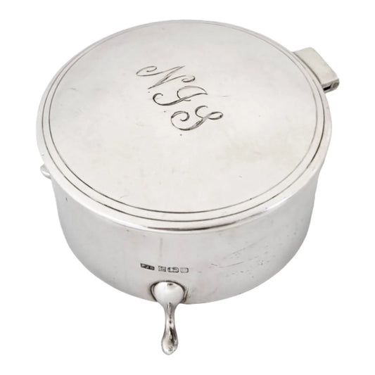 Large vintage sterling silver keepsake trinket toilet box, round body on hoof feet