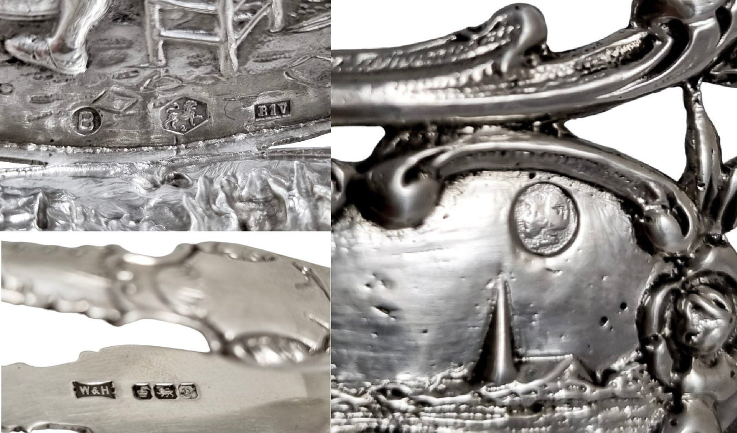Bijkamp & Co Dutch silver bon bon pierced basket lion paw feet, village scenes and sugar tongs