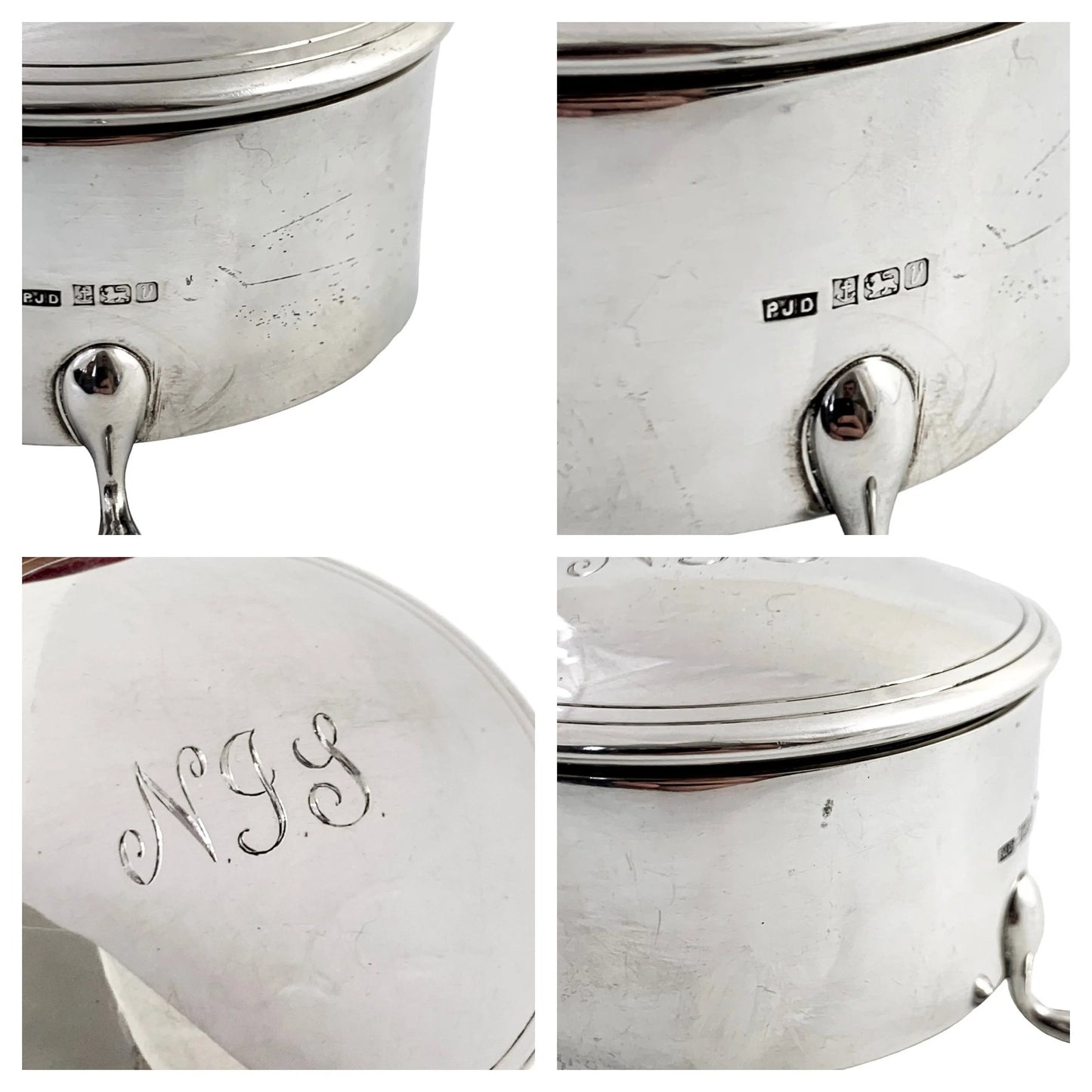 Large vintage sterling silver keepsake trinket toilet box, round body on hoof feet