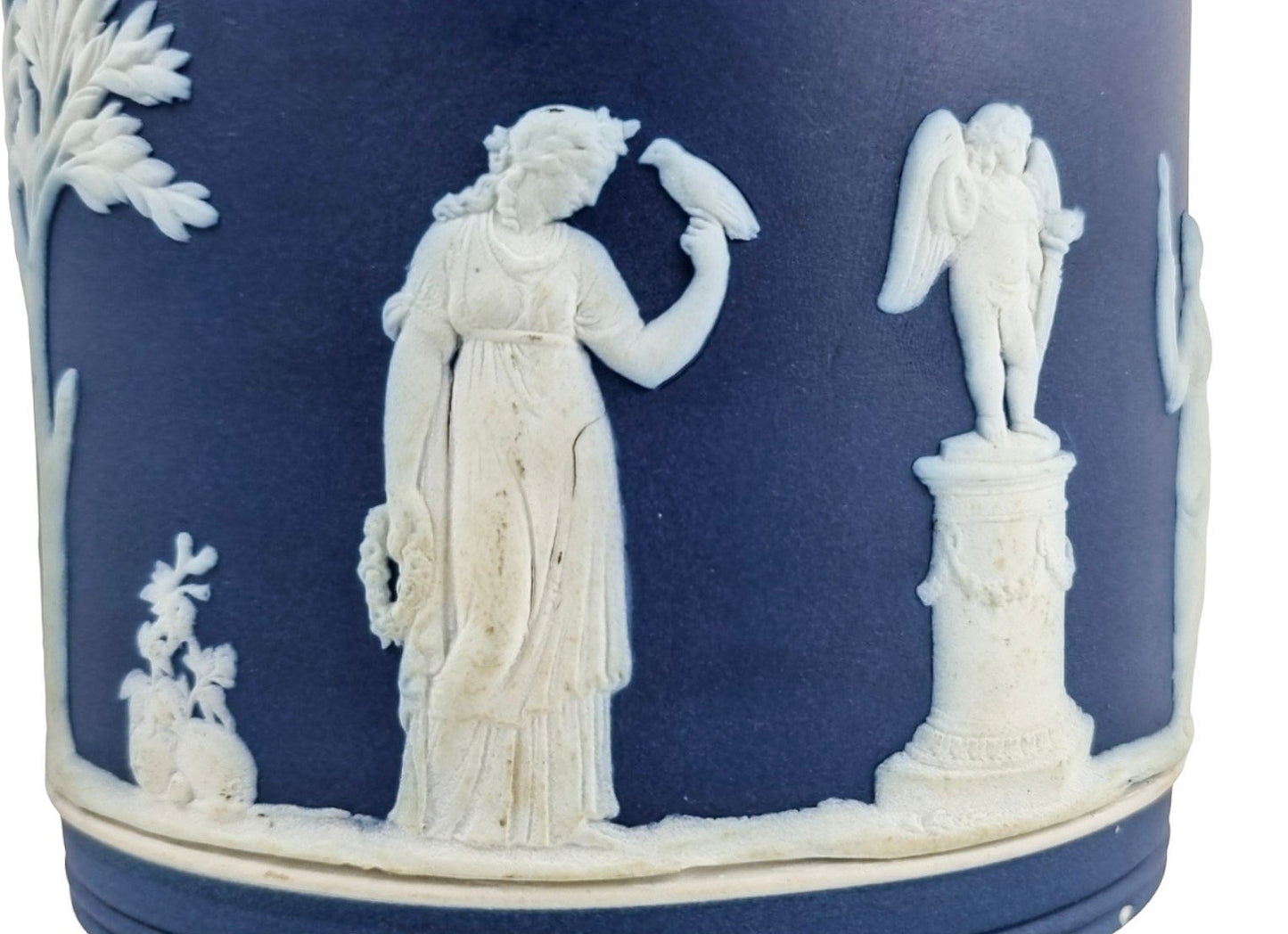 Victorian Wedgwood cobalt blue Jasperware Neoclassical biscuit barrel, silver plate mounts