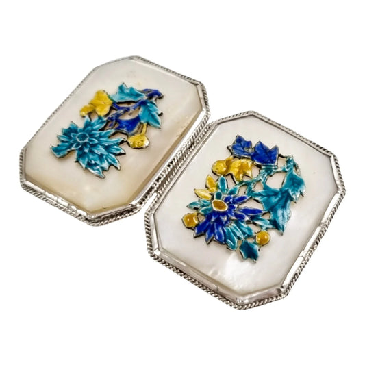 Antique Chinese export silver, enamel and mother-of-pearl large belt buckle, applied chrysanthemum flowers