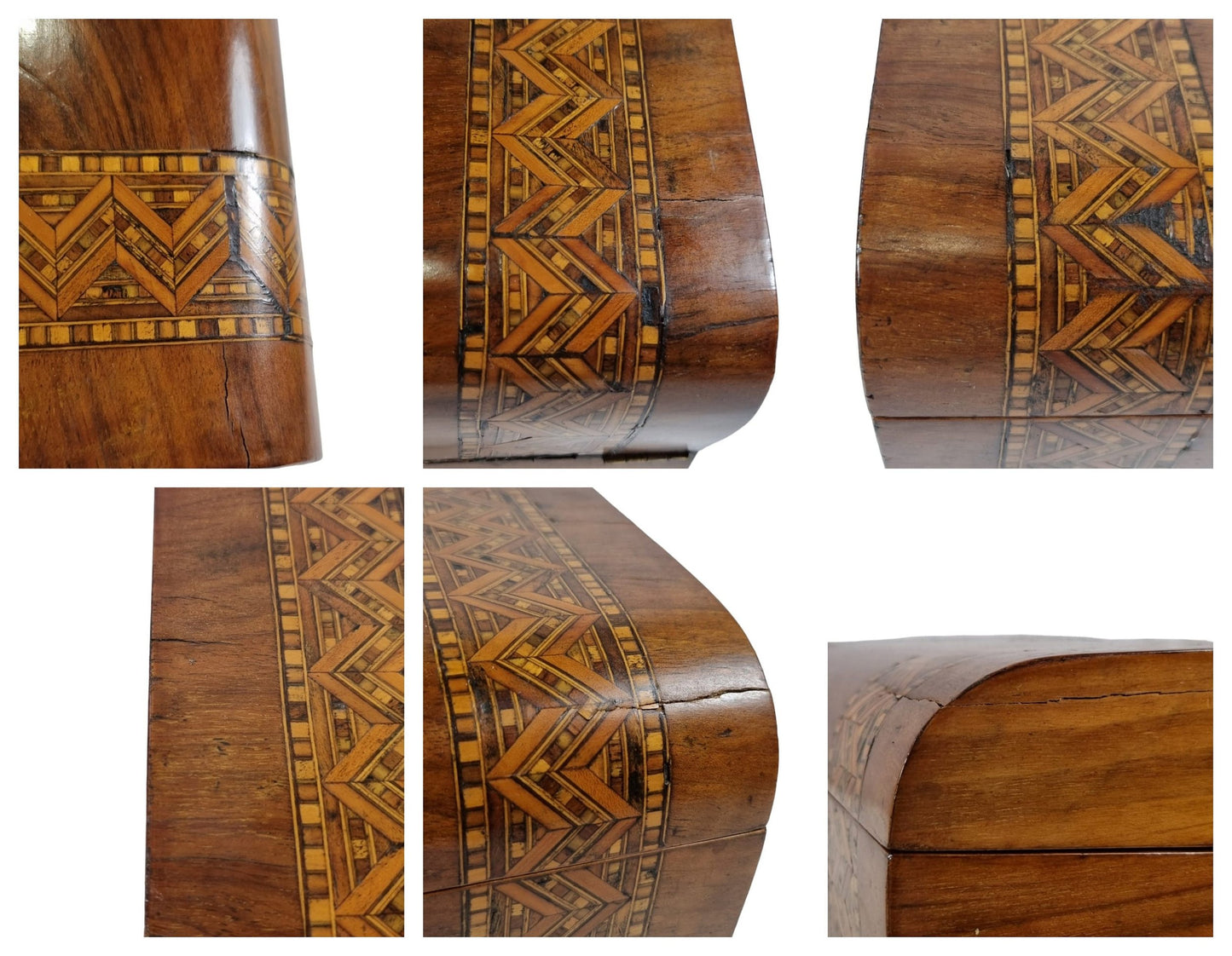 Georgian walnut Tunbridge Ware domed writing slope with mother-of-pearl cartouche and geometric marquetry