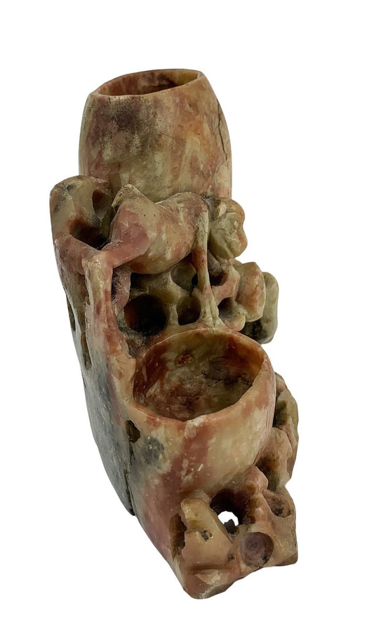 Chinese Republic soapstone calligraphy figural brush washer and brush pot with monkeys and bird figurine